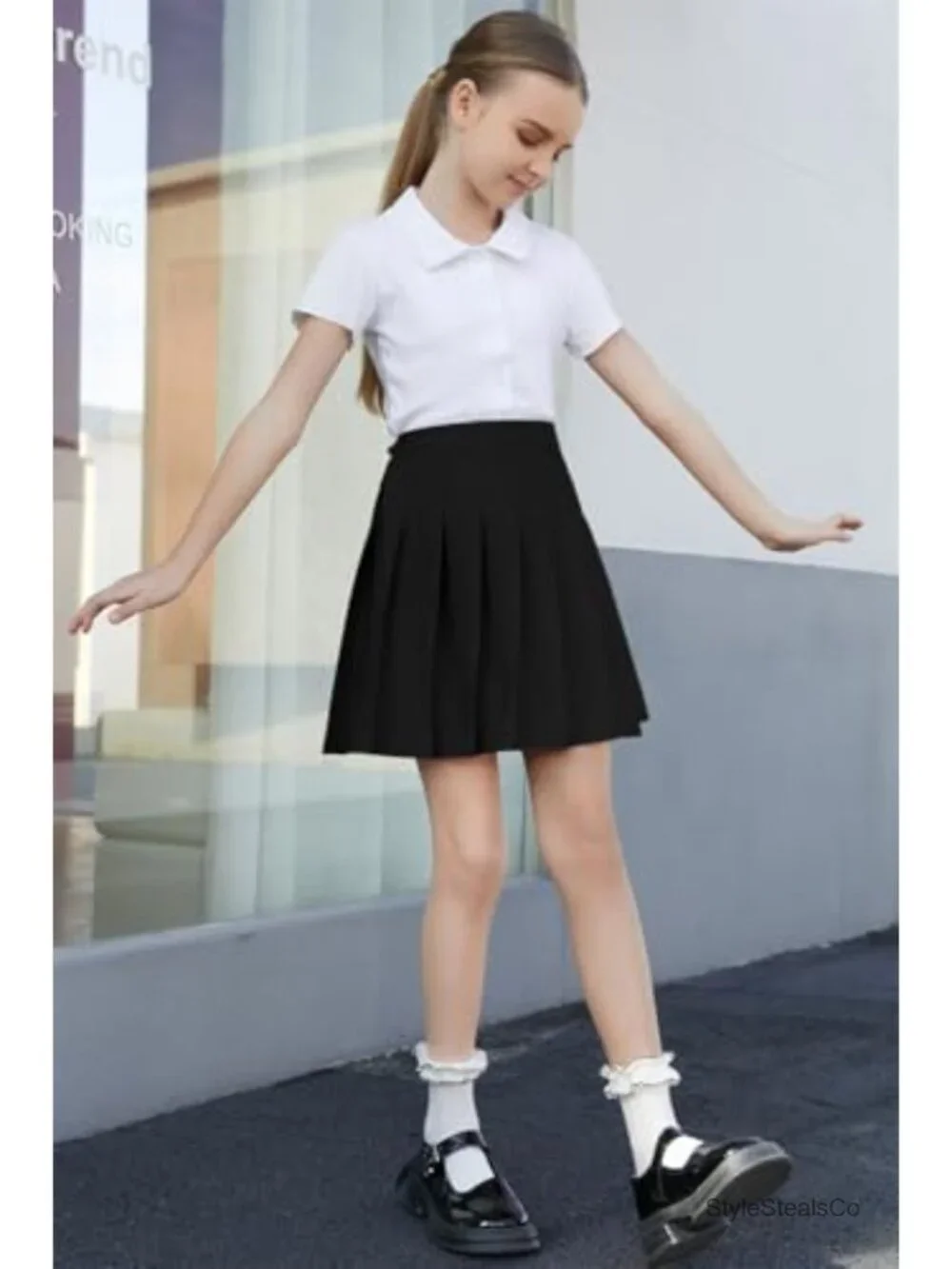 Pleated Skater Skirt High Waist Elastic Waist Zip Pockets Uniform Casual